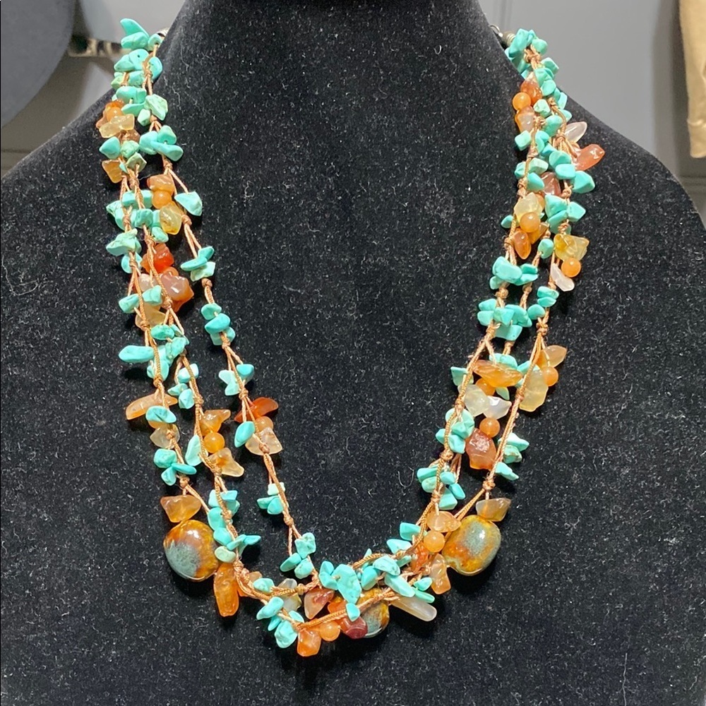 Turquoise carnelian & ceramic beaded boho 3 strand knotted necklace 24”